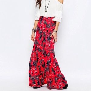 Free People Red Floral Print Slit Front Maxi Skirt